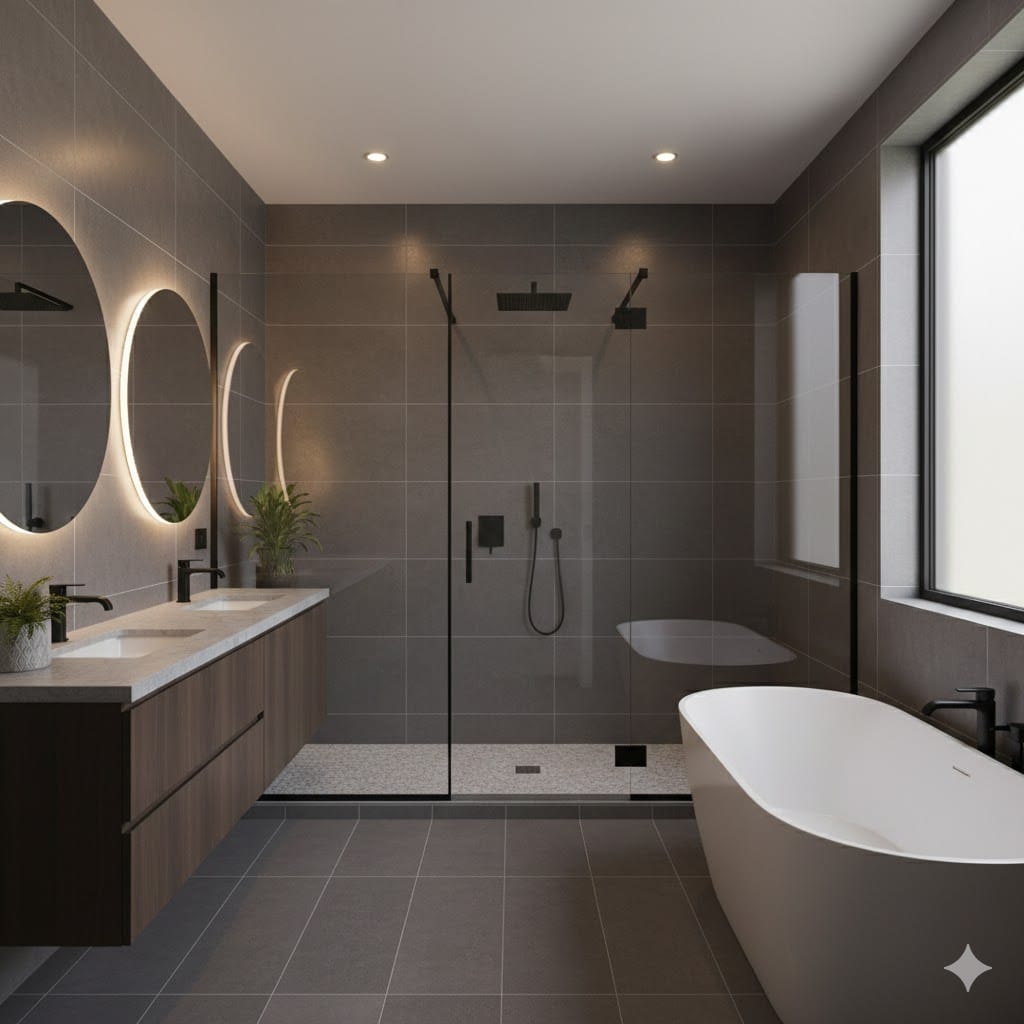 Sliding glass shower doors in a modern grey bathroom