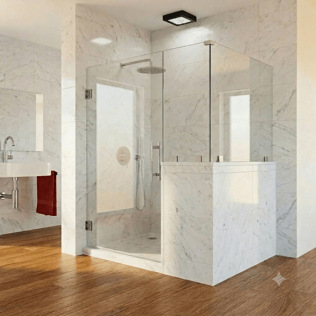 Fixed glass shower shield panel on a walk-in shower