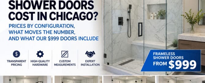 Frameless shower doors in a Chicago bathroom, with single door, inline enclosure, neo-angle and walk-in options starting at $999