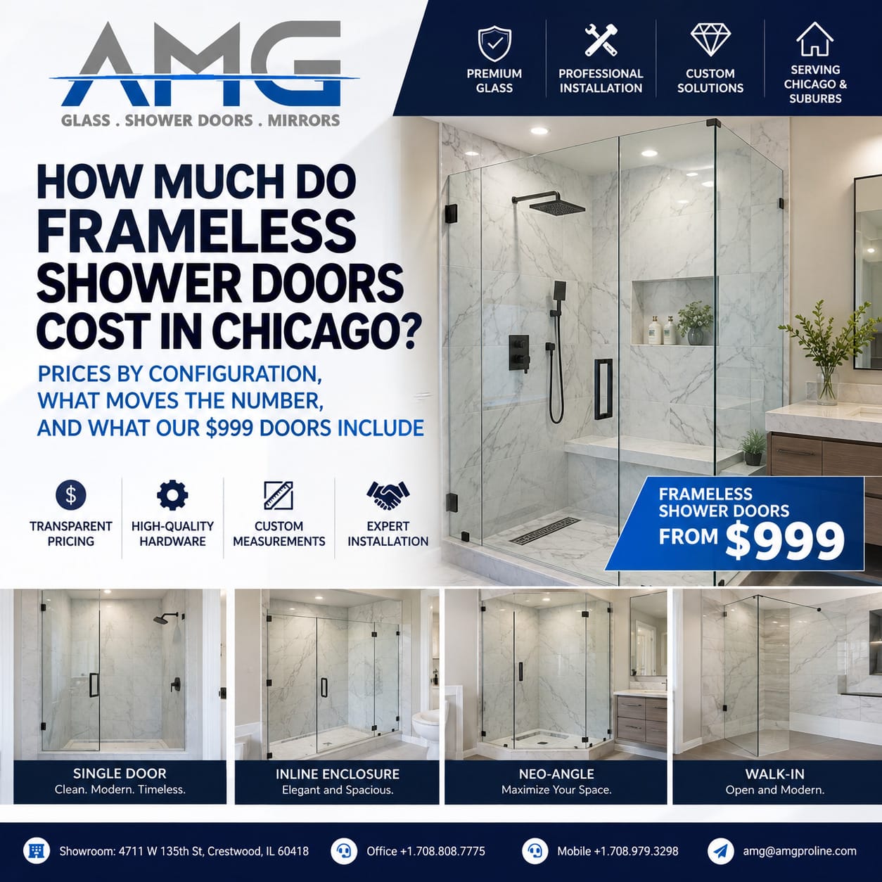Frameless shower doors in a Chicago bathroom, with single door, inline enclosure, neo-angle and walk-in options starting at $999