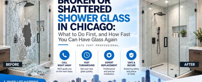Before and after of a Chicago shower, one panel shattered and one with new clear glass installed by AMG Proline