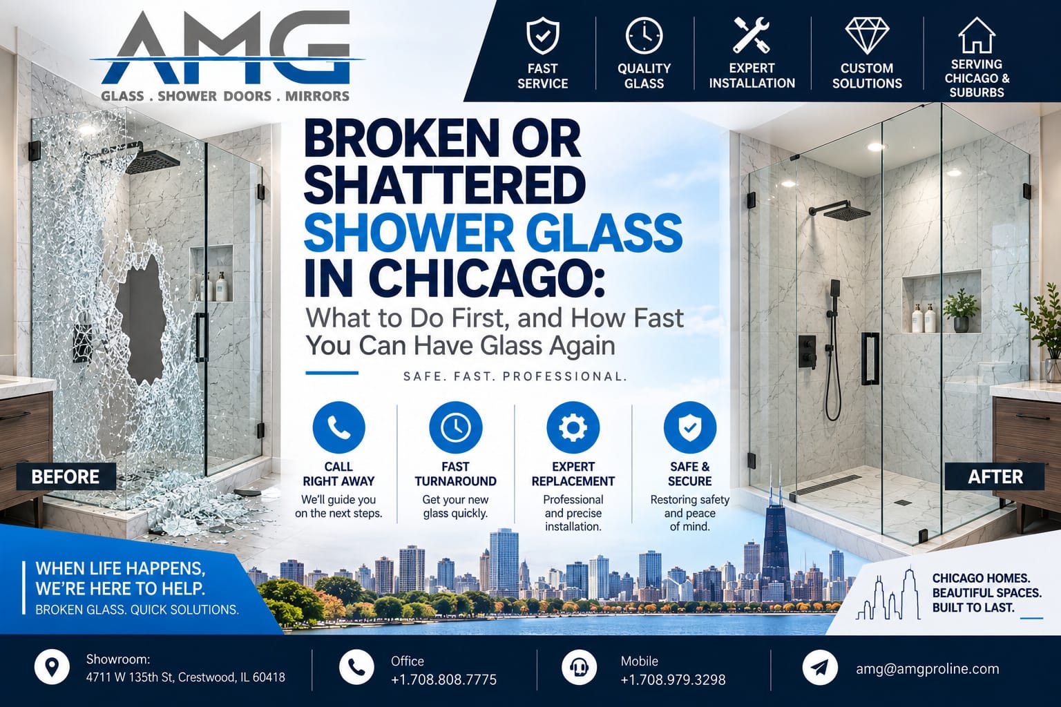 Before and after of a Chicago shower, one panel shattered and one with new clear glass installed by AMG Proline
