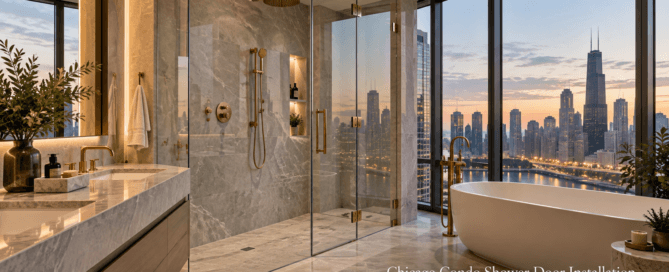 Chicago condo shower door installation with custom frameless glass doors in a luxury high-rise bathroom