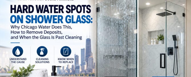 Before and after comparison of shower glass in Chicago, one panel covered in hard water spots and one clean and clear