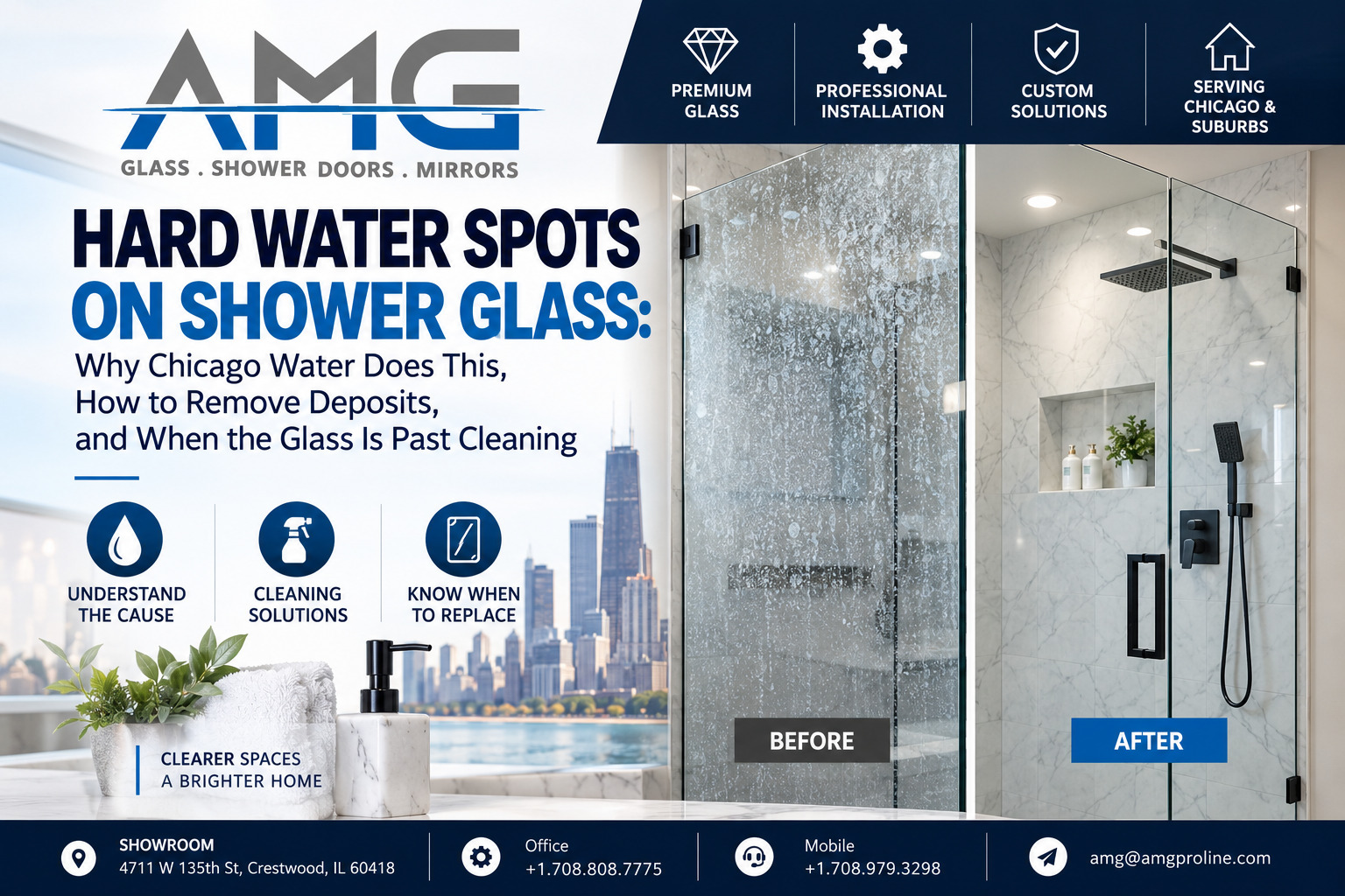 Before and after comparison of shower glass in Chicago, one panel covered in hard water spots and one clean and clear