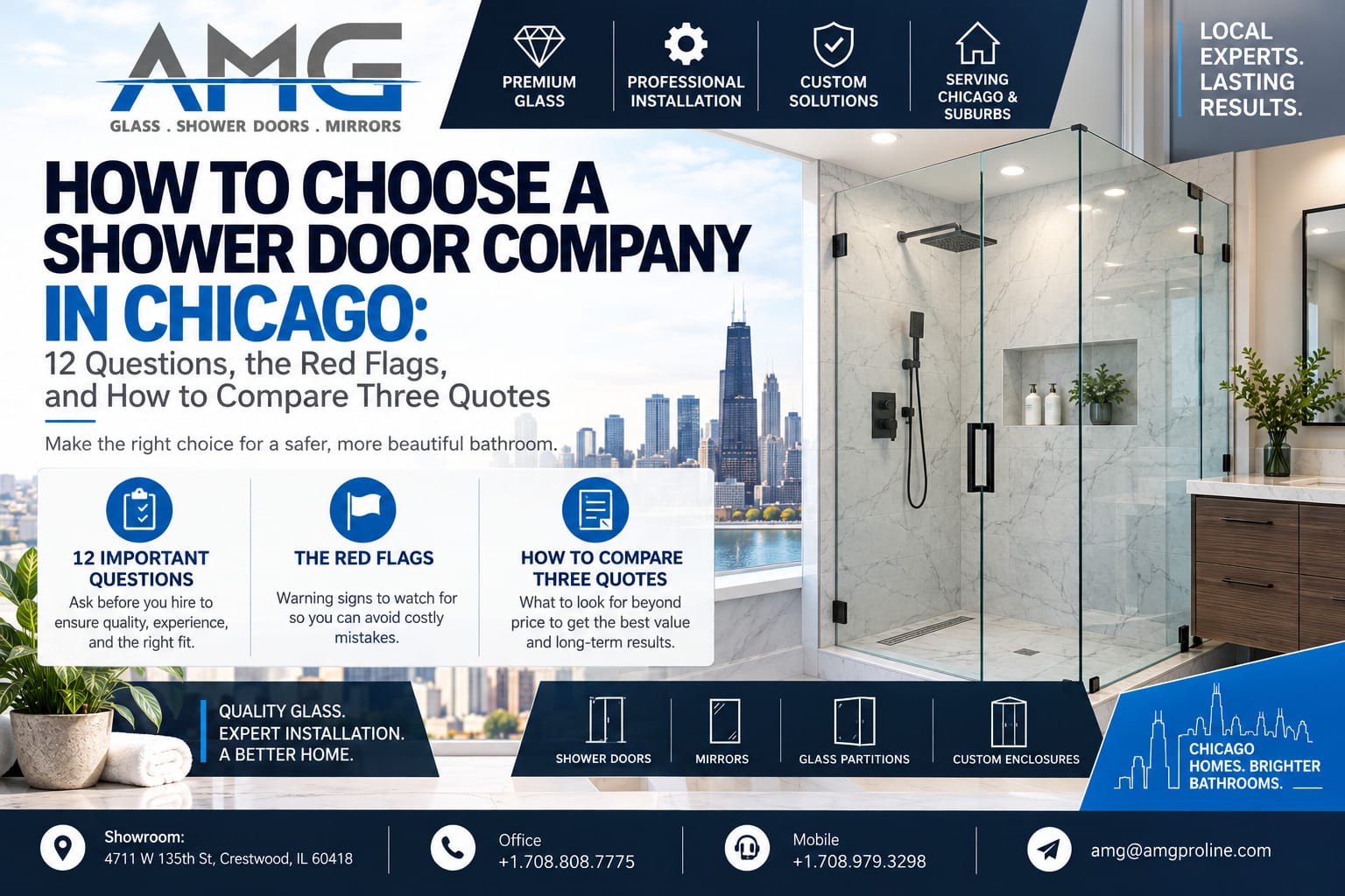 Guide to choosing a shower door company in Chicago, covering 12 questions to ask, red flags to avoid and how to compare three quotes