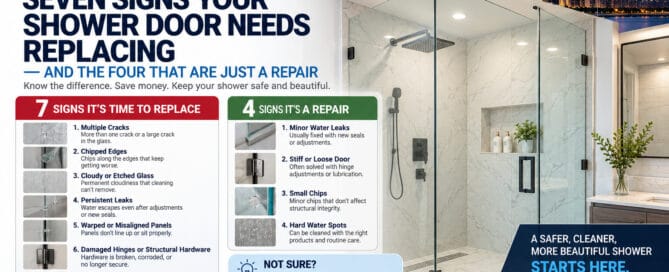 Chart showing seven signs a shower door needs replacing and four signs it only needs a repair, from AMG Proline in Chicago