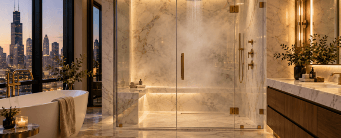 Steam shower glass doors Chicago with full-height frameless glass, transom and luxury marble bathroom