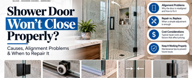 Frameless glass shower door with uneven alignment and a visible gap near the closing edge